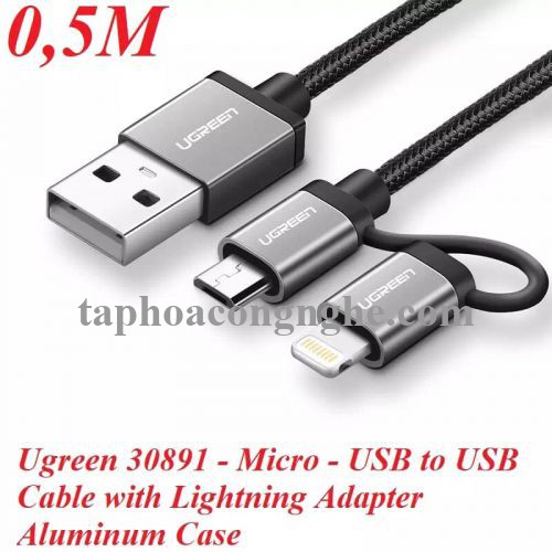 Ugreen 30891 0.5M màu Đen Cáp sạc đa năng USB sang MicroUSB + Lightning US165 30030891